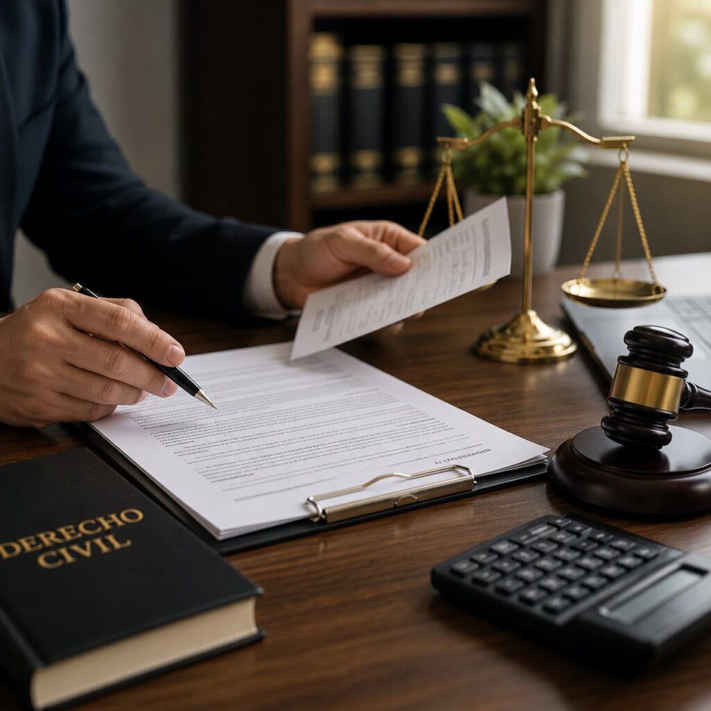Profesional revisando documentos y pruebas relacionadas con el cobro de una deuda en una oficina jurídica, junto a un mazo judicial, una balanza de la justicia y documentación legal.