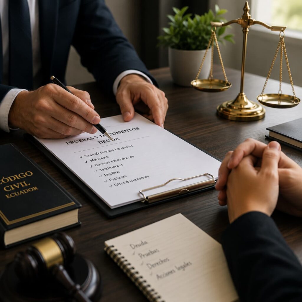Asesor jurídico revisando junto a un ciudadano los documentos y pruebas necesarios para respaldar una reclamación de deuda en Ecuador, en una oficina legal profesional.