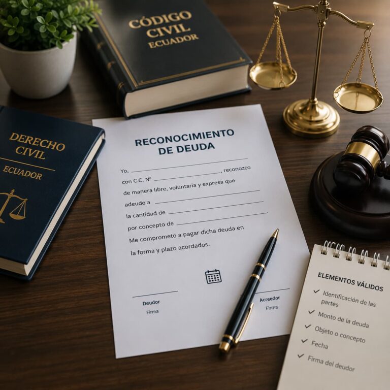 Documento de reconocimiento de deuda junto a un mazo judicial, una balanza de la justicia y libros de Derecho Civil, representando la formalización de una obligación económica en Ecuador.