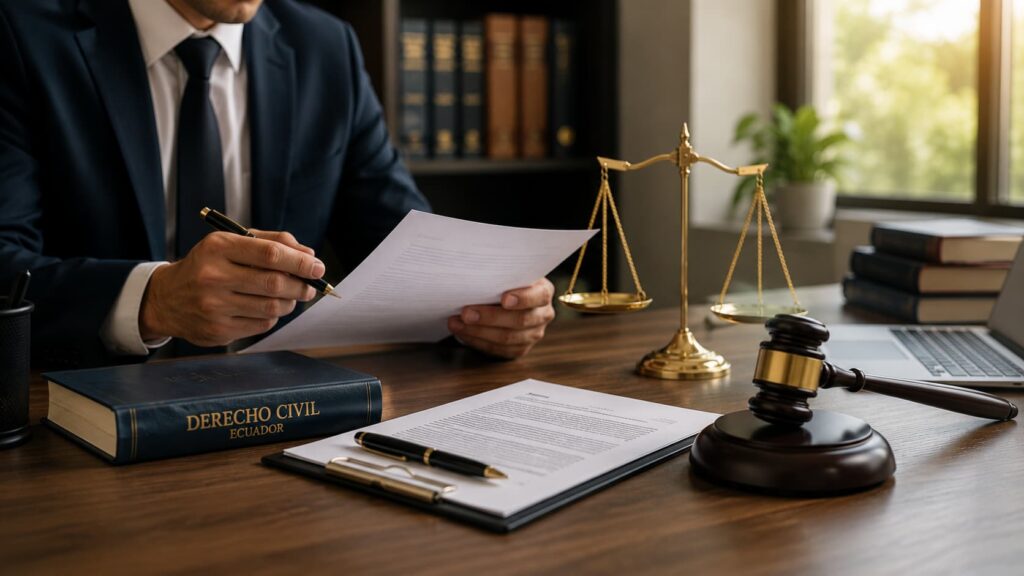 Profesional del área jurídica revisando documentos relacionados con el cobro de una deuda en una oficina legal, junto a una balanza de la justicia y un mazo judicial.