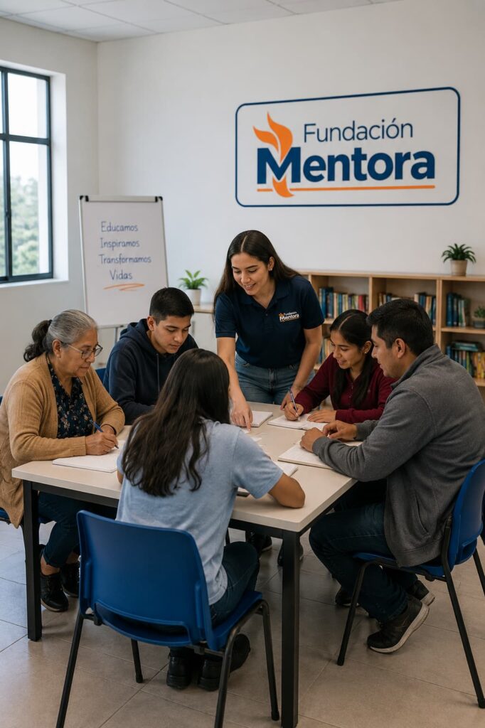 Equipo comunitario de Fundación Mentora desarrollando actividades educativas y de formación social en un entorno colaborativo, promoviendo el aprendizaje, la inclusión y el desarrollo comunitario.