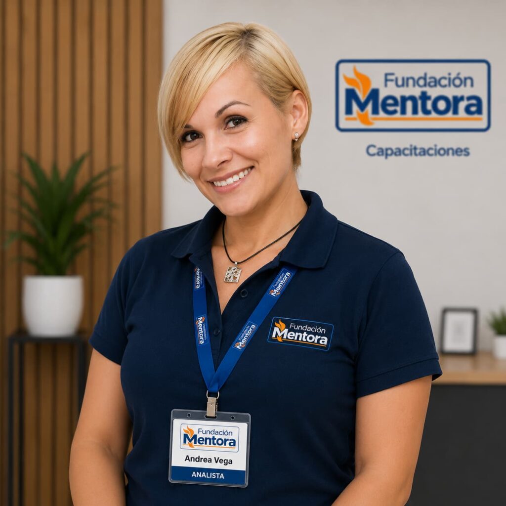 Andrea Vega, Analista de Fundación Mentora, en retrato institucional corporativo con uniforme y credencial oficial, representando análisis administrativo, gestión organizacional y compromiso con el desarrollo institucional.