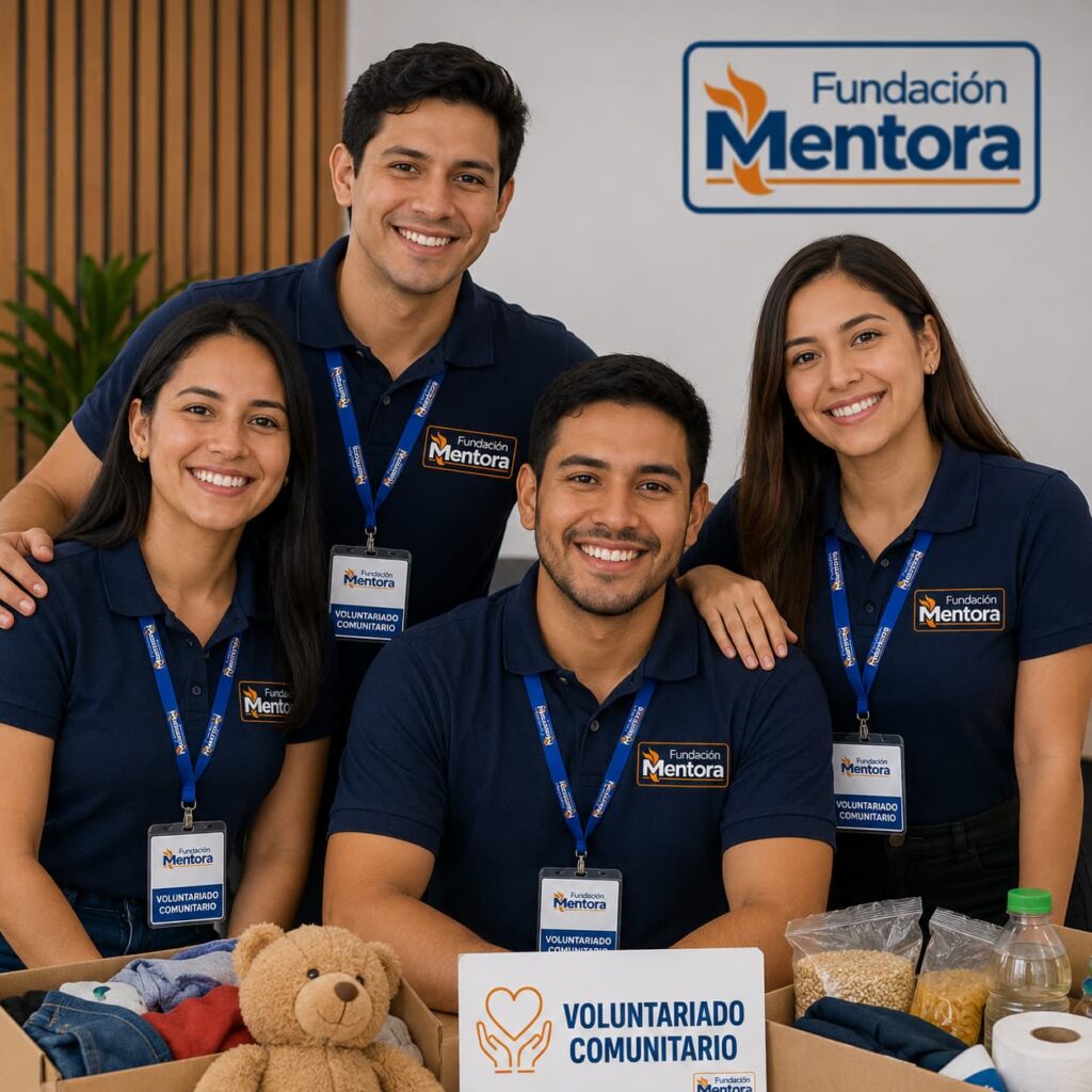 Equipo de Voluntariado Comunitario | Fundación Mentora. Grupo de voluntarios institucionales comprometidos con programas sociales, apoyo comunitario y actividades de desarrollo humano. Fotografía corporativa utilizada en la sección de voluntariado y responsabilidad social de Fundación Mentora.