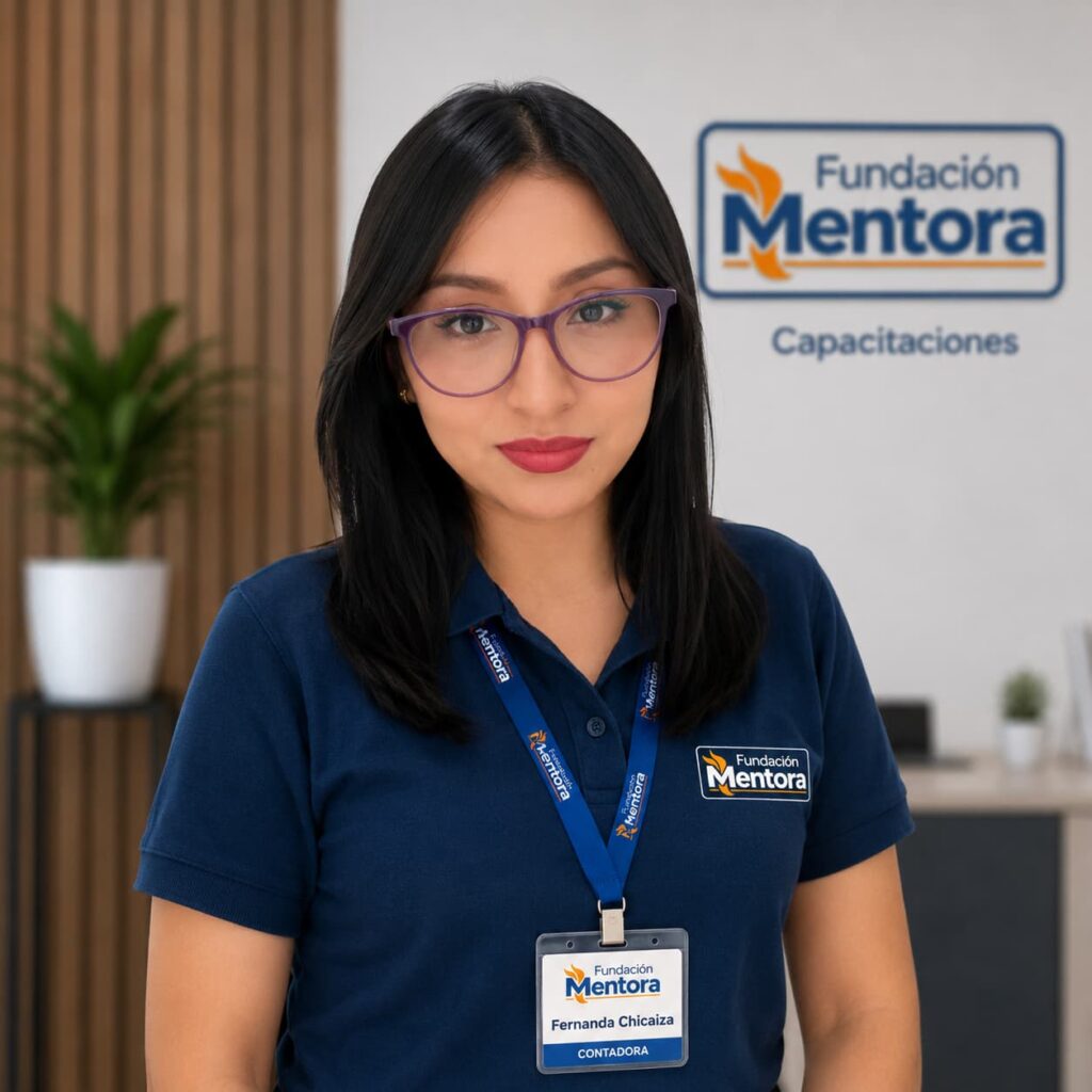 Fernanda Chicaiza, Contadora de Fundación Mentora, en retrato institucional corporativo con uniforme y credencial oficial, representando gestión financiera responsable, transparencia y compromiso institucional.