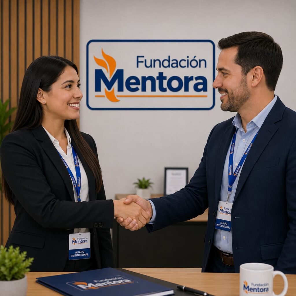 Aliado Institucional de Fundación Mentora en reunión corporativa, representando colaboración estratégica, convenios interinstitucionales, capacitación profesional y desarrollo de proyectos educativos y sociales.