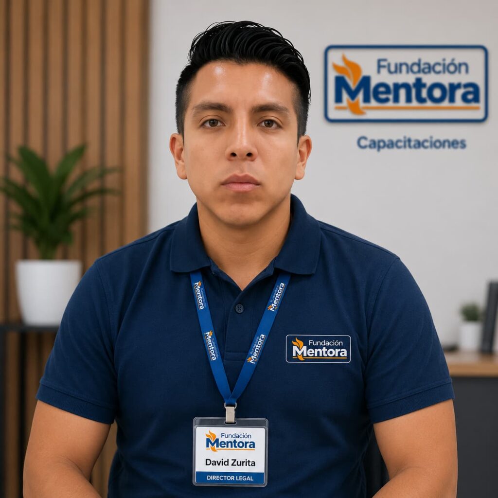 Director del Departamento Legal de Fundación Mentora en retrato institucional corporativo con uniforme y credencial oficial, representando liderazgo jurídico, cumplimiento normativo y compromiso con la transparencia institucional.