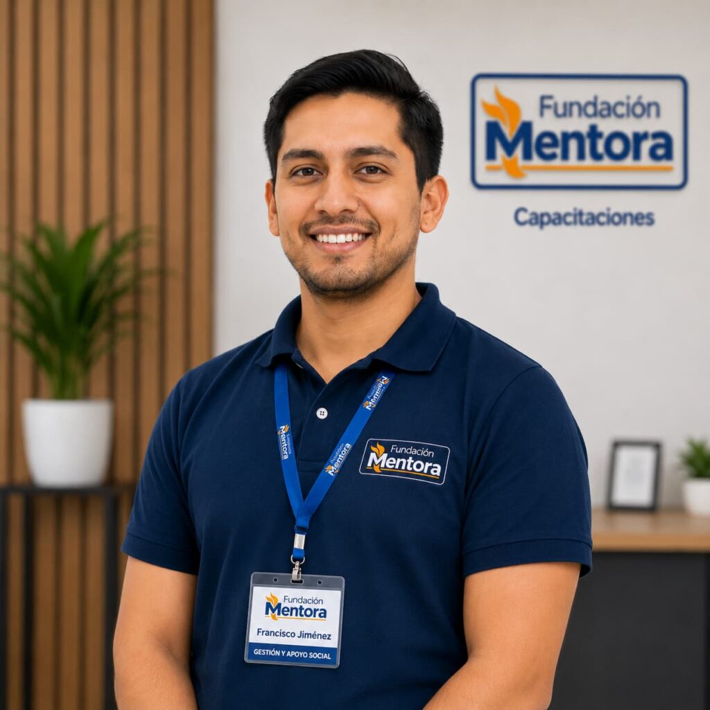 Francisco Jiménez, integrante del área de Gestión y Apoyo Social de Fundación Mentora, en retrato institucional corporativo con uniforme oficial, credencial institucional y ambiente profesional representando el compromiso social, la atención comunitaria y el desarrollo humano.