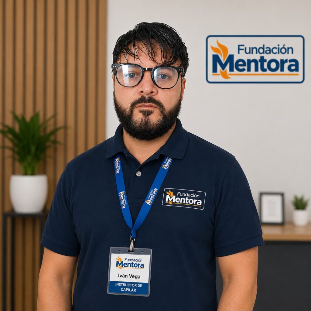 Iván Vega, Instructor de Capilar de Fundación Mentora, posando con uniforme institucional y credencial corporativa en un entorno profesional, representando la formación especializada en estética capilar, desarrollo técnico y capacitación profesional.