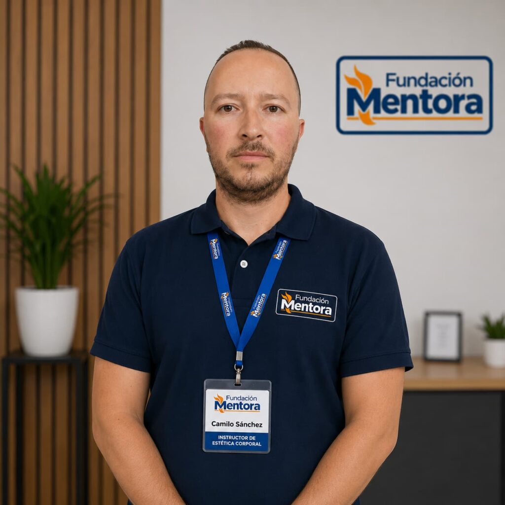 Camilo Sánchez, Instructor de Estética Corporal de Fundación Mentora, en retrato institucional corporativo con uniforme oficial y credencial institucional, representando formación profesional, bienestar integral, estética corporal y excelencia académica.