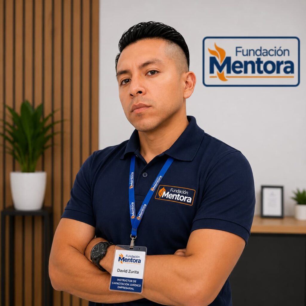 David Zurita, Instructor de Capacitación Jurídico Empresarial de Fundación Mentora, en retrato institucional corporativo con uniforme oficial, credencial identificativa y logotipo de la organización, especializado en formación legal, normativa empresarial y desarrollo profesional.