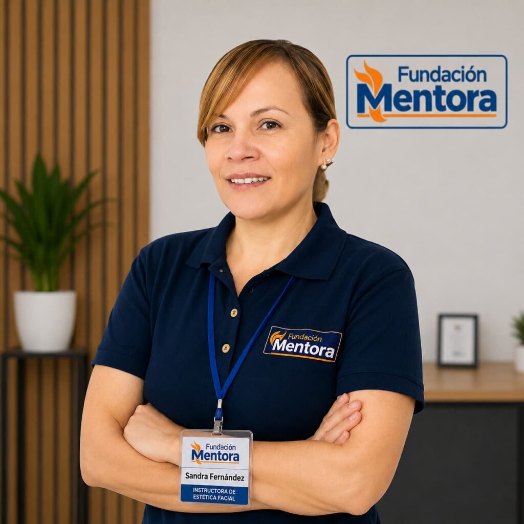 Sandra Fernández, Instructora de Estética Facial de Fundación Mentora, en retrato institucional corporativo con uniforme oficial y credencial institucional, representando formación profesional, cuidado estético, bienestar integral y excelencia académica.
