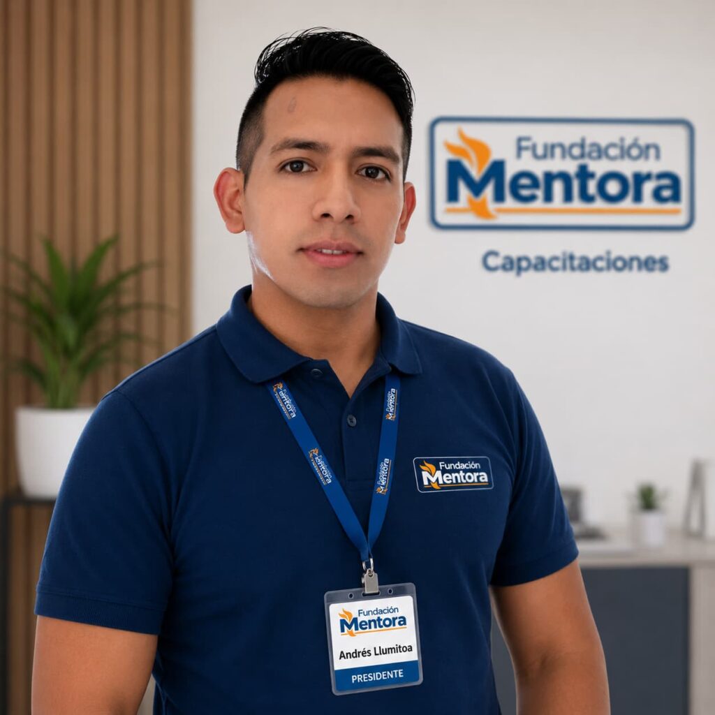 Andrés Llumitoa, Presidente de Fundación Mentora, en retrato institucional corporativo con uniforme institucional y credencial oficial, representando liderazgo, compromiso social y gestión educativa.