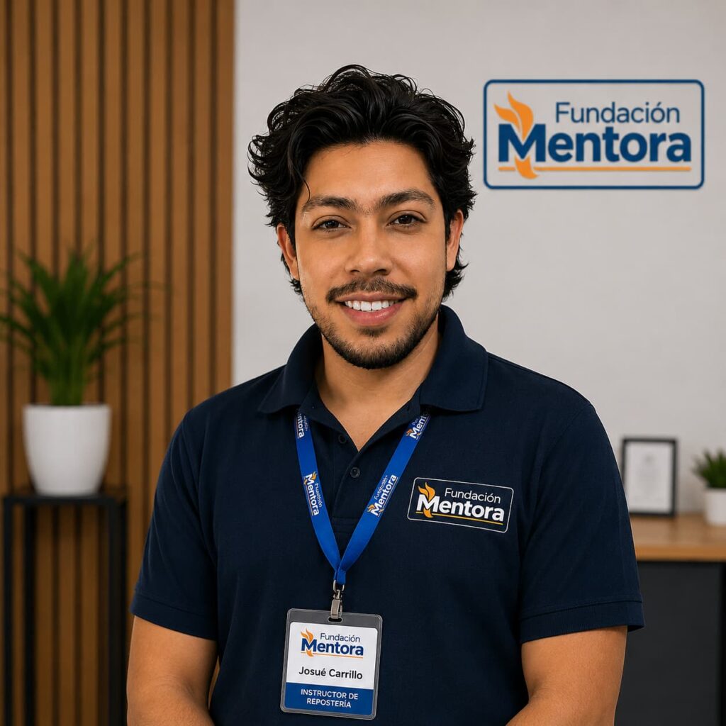 Josué Carrillo, Instructor de Repostería de Fundación Mentora, posando con uniforme institucional y credencial corporativa en un entorno profesional, representando la formación técnica en repostería, gastronomía, emprendimiento y capacitación especializada para el desarrollo de habilidades productivas.