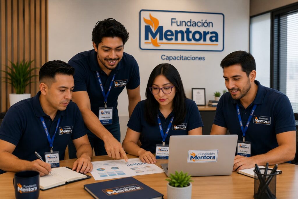 Equipo de Fundación Mentora trabajando en proyectos institucionales y programas de capacitación en una oficina corporativa moderna.