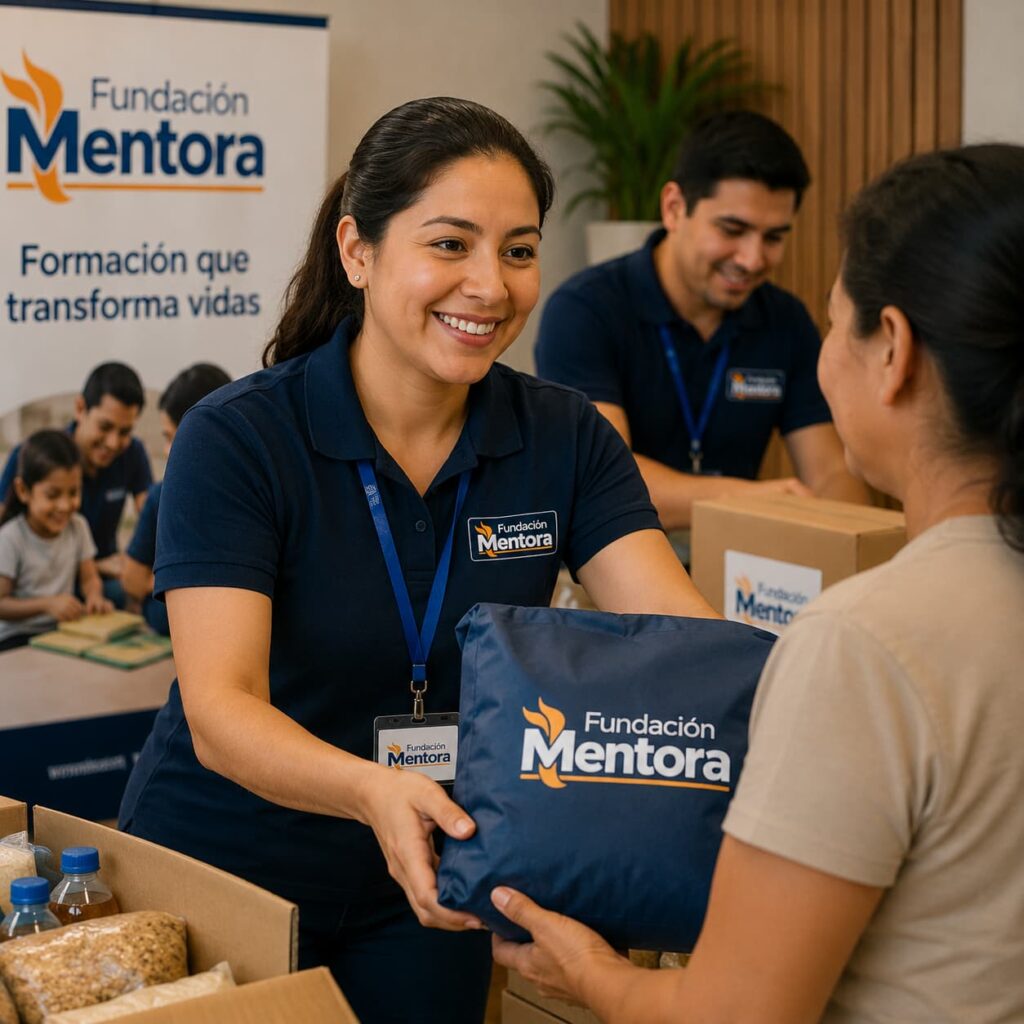 Voluntaria de Fundación Mentora entregando ayuda comunitaria a una beneficiaria durante una jornada de apoyo social, reflejando solidaridad, compromiso social y servicio a la comunidad.