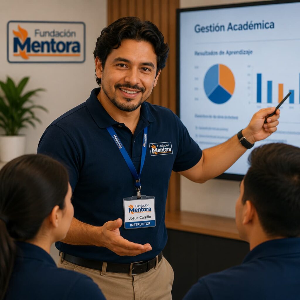 Excelencia Académica en Fundación Mentora: instructor impartiendo capacitación profesional a estudiantes en un entorno educativo moderno, promoviendo aprendizaje de calidad, formación técnica y desarrollo de competencias.