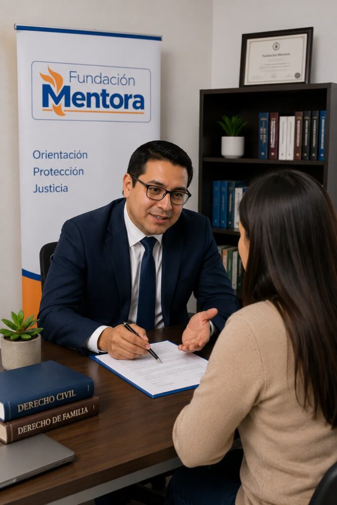 Asesor legal de Fundación Mentora brindando orientación jurídica personalizada a una ciudadana en una oficina institucional, revisando documentación y ofreciendo acompañamiento profesional en un entorno de confianza, protección de derechos y atención responsable.