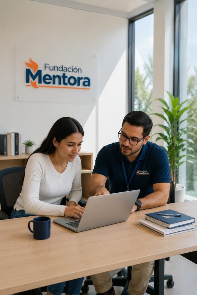 Acompañamiento en el Aula Virtual | Fundación Mentora Instructor de Fundación Mentora orientando de manera personalizada a una estudiante en el uso del Aula Virtual desde un computador portátil, en un ambiente académico moderno, organizado y bien iluminado.