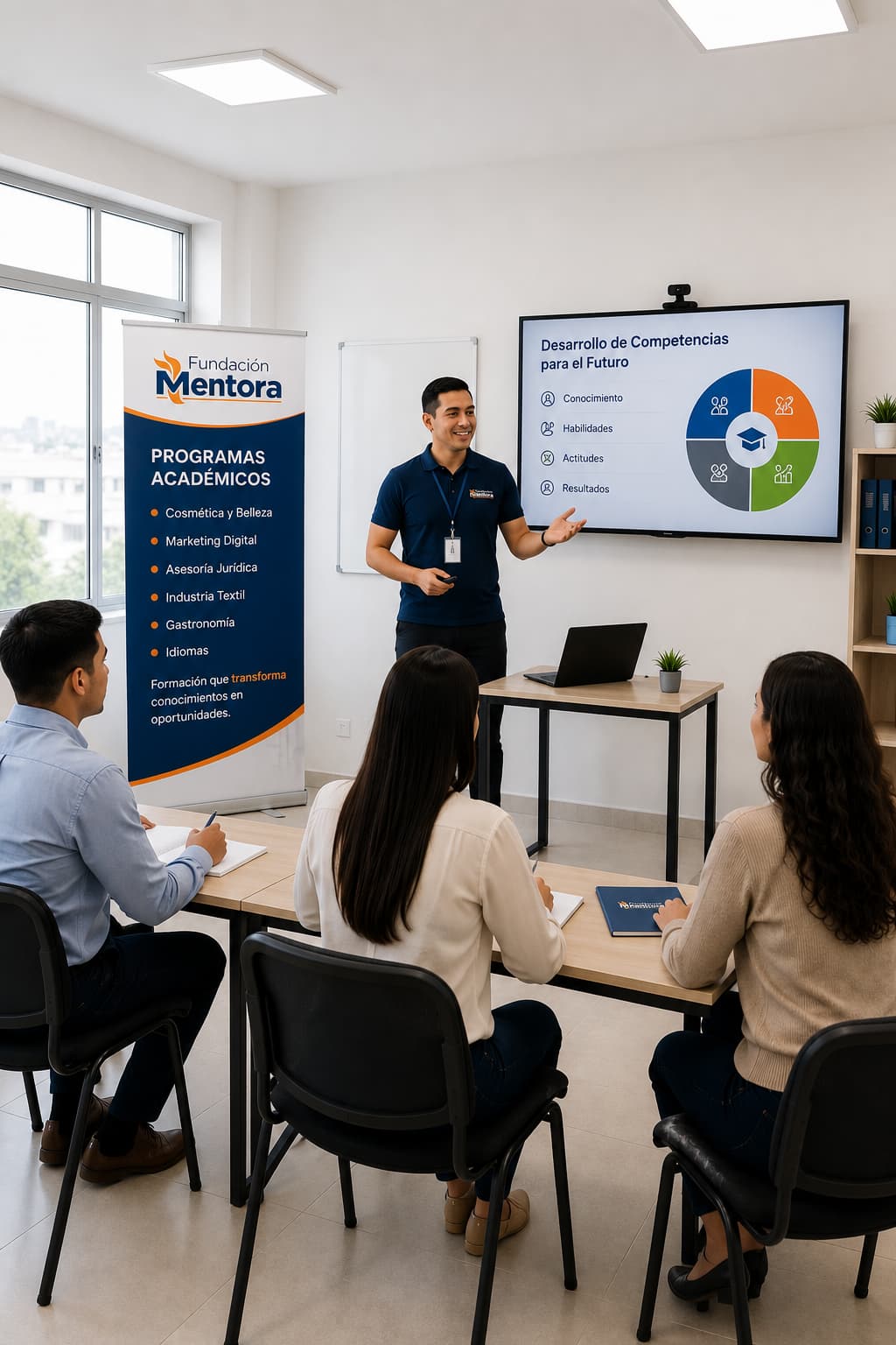 Instructor de Fundación Mentora orientando una clase presencial con estudiantes en un aula moderna y organizada durante una jornada de formación de los Programas Académicos institucionales.