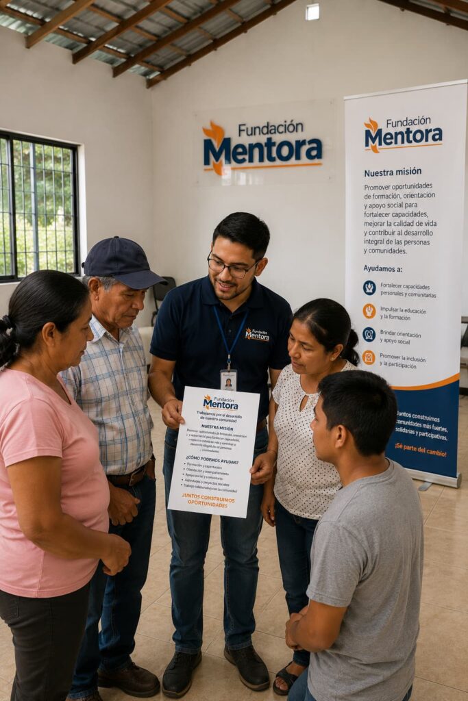 Asesor de Fundación Mentora entregando material informativo a representantes de la comunidad durante una jornada de orientación y participación ciudadana en un salón comunal organizado y bien iluminado.