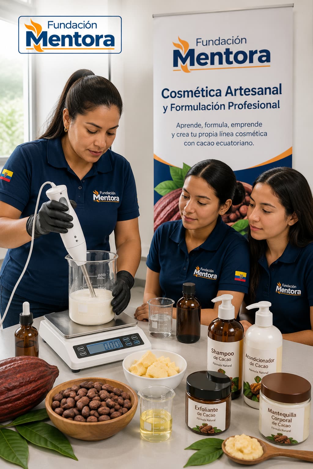 Instructor de Fundación Mentora enseñando a dos estudiantes la elaboración de productos de Cosmética Artesanal y Formulación Profesional en un laboratorio educativo, utilizando ingredientes naturales, cacao fino de aroma ecuatoriano y técnicas de formulación cosmética.