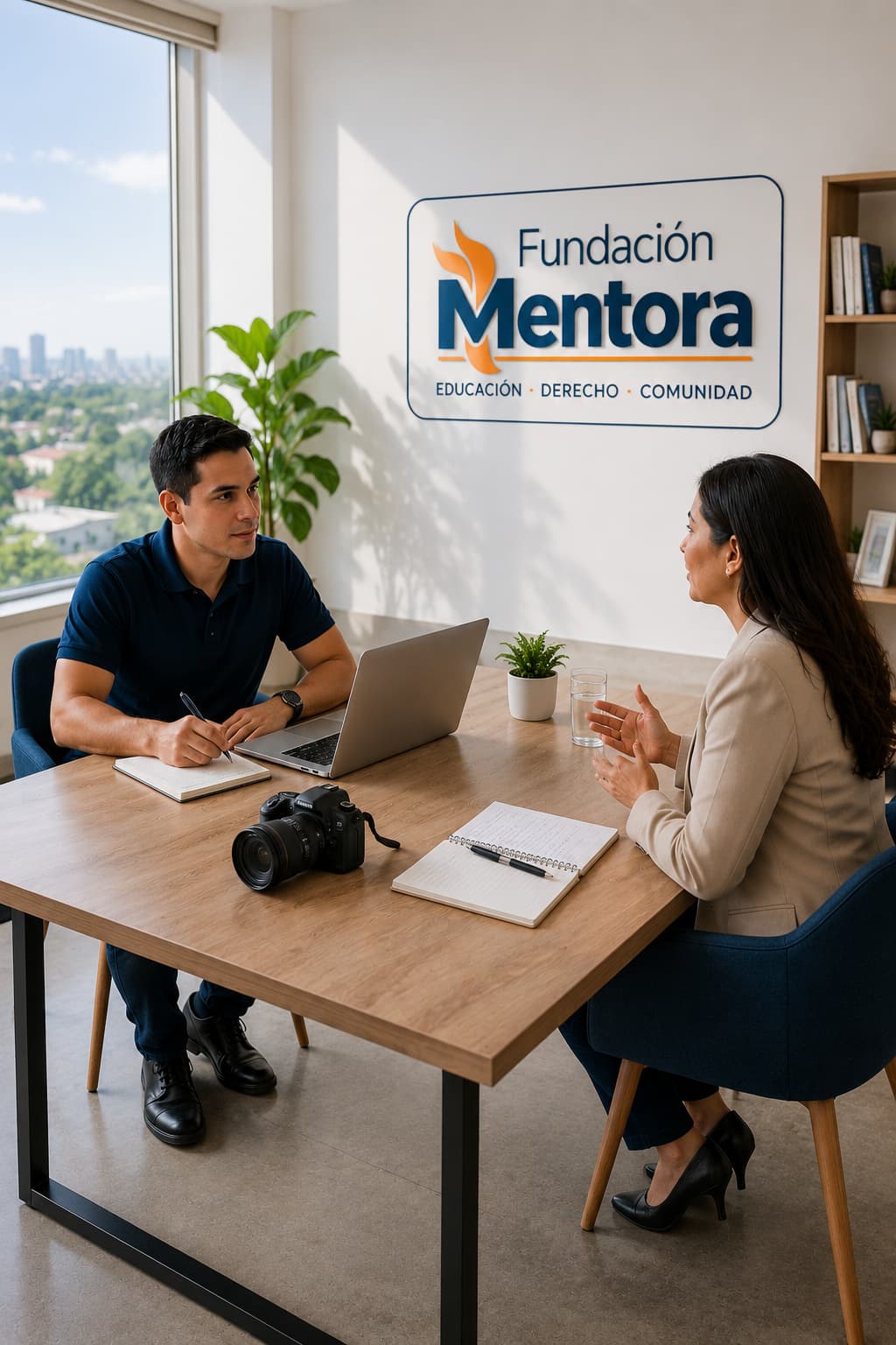 Comunicador social de Fundación Mentora entrevistando a un profesional para la elaboración de contenidos de Revista Mentora en un espacio de trabajo colaborativo, promoviendo la comunicación institucional y el conocimiento.