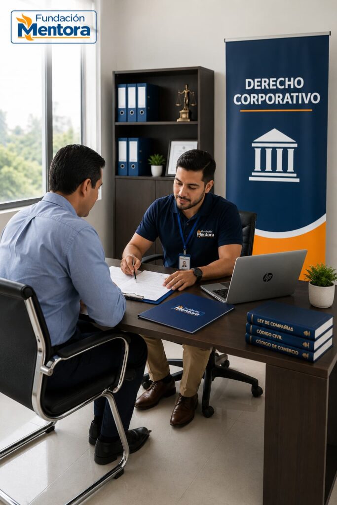 Abogado de Fundación Mentora revisando contratos y documentación empresarial junto a un emprendedor durante una asesoría en Derecho Corporativo, brindando acompañamiento jurídico para empresas, constitución de sociedades, contratos comerciales y desarrollo de negocios en Ecuador.