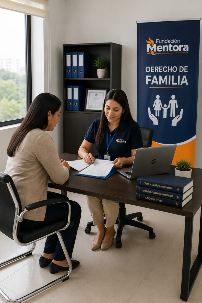 Abogada de Fundación Mentora revisando documentación de Derecho de Familia junto a una madre durante una asesoría jurídica personalizada, brindando orientación profesional sobre divorcio, tenencia, pensiones alimenticias y protección familiar en Ecuador.