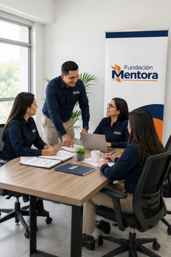 Equipo de Fundación Mentora reunido en una mesa de trabajo planificando proyectos institucionales, con documentación, equipo informático y roll-up corporativo en un ambiente profesional, colaborativo y orientado al desarrollo social.