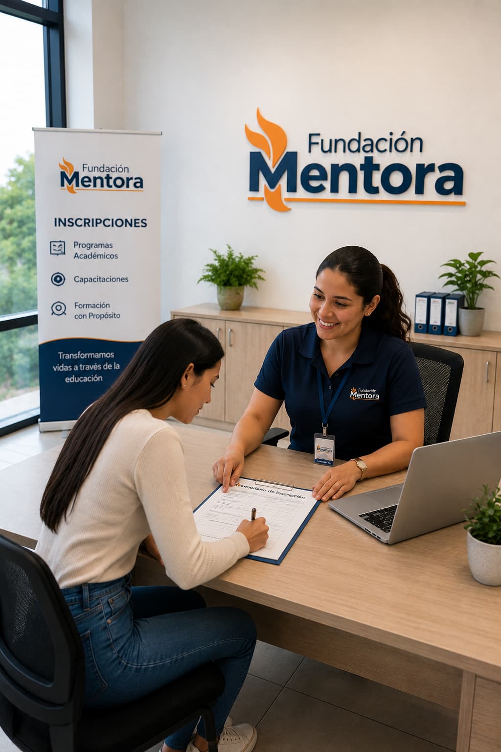 Estudiante firmando el formulario de inscripción mientras recibe asesoría personalizada de una asesora académica de Fundación Mentora en una oficina institucional, con uniforme corporativo, credencial institucional, laptop y logotipo oficial de la Fundación.