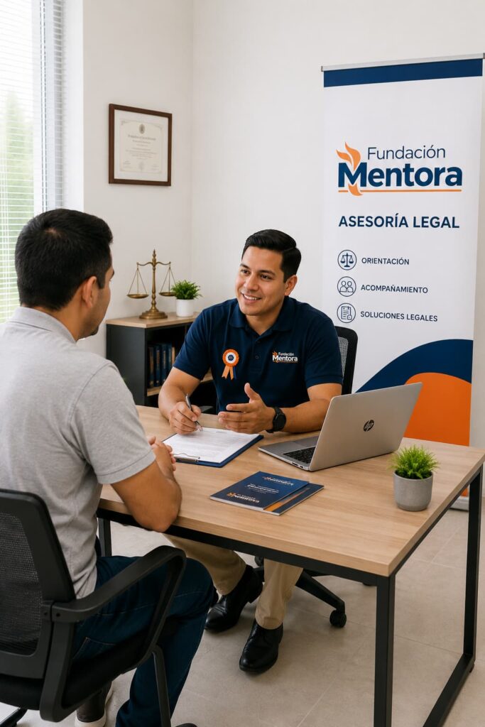 Profesional de Fundación Mentora brindando asesoría jurídica personalizada a un ciudadano en una oficina institucional, con documentación legal, computador portátil y roll-up corporativo, reflejando un servicio cercano, profesional y orientado al acceso a la justicia.