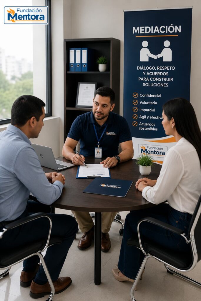Mediador de Fundación Mentora revisando un acuerdo con dos ciudadanos durante un proceso de mediación, promoviendo el diálogo, la negociación y la resolución pacífica de conflictos mediante asesoría jurídica especializada en Ecuador.