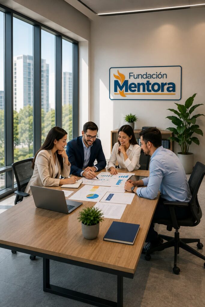 Equipo profesional de Fundación Mentora reunido en una moderna sala corporativa planificando proyectos institucionales, revisando documentos y estrategias de desarrollo social en un entorno colaborativo y profesional.