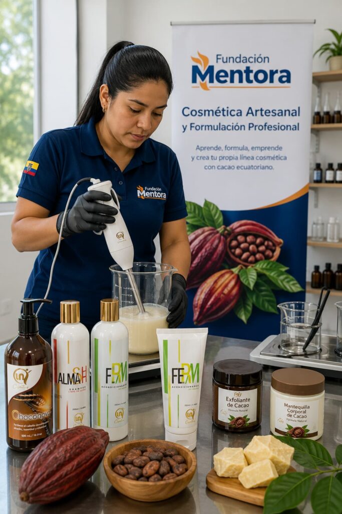 Estudiante del programa de Cosmética Artesanal y Formulación Profesional de Fundación Mentora finalizando la elaboración de un shampoo artesanal en un laboratorio educativo, junto a productos cosméticos desarrollados durante el proceso de formación, como shampoos, acondicionadores, tratamientos capilares y cosméticos elaborados con ingredientes naturales.