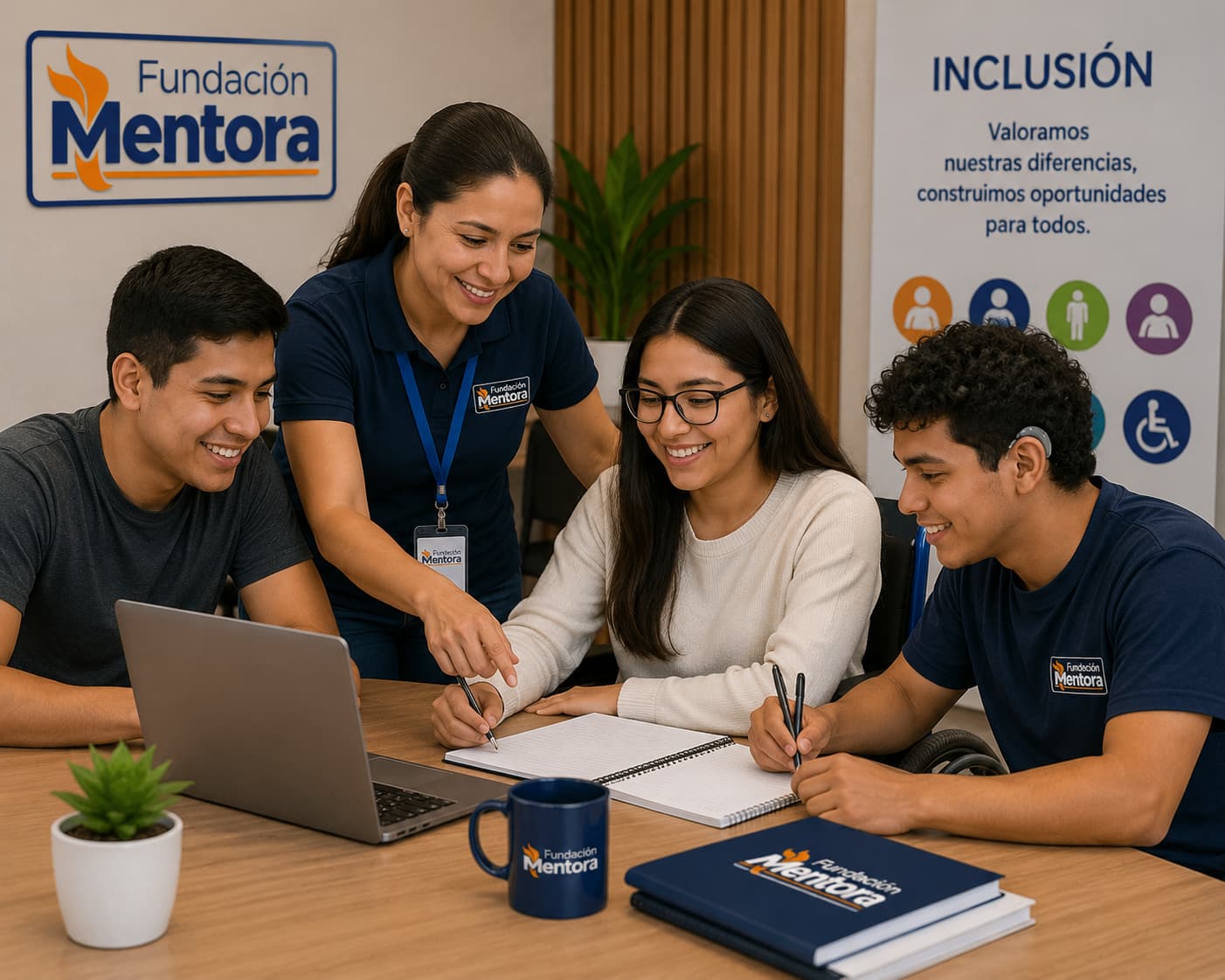 Grupo diverso de estudiantes y facilitadores participando en un entorno inclusivo de aprendizaje en Fundación Mentora, promoviendo la igualdad de oportunidades, la integración, el respeto y la participación activa de todas las personas.