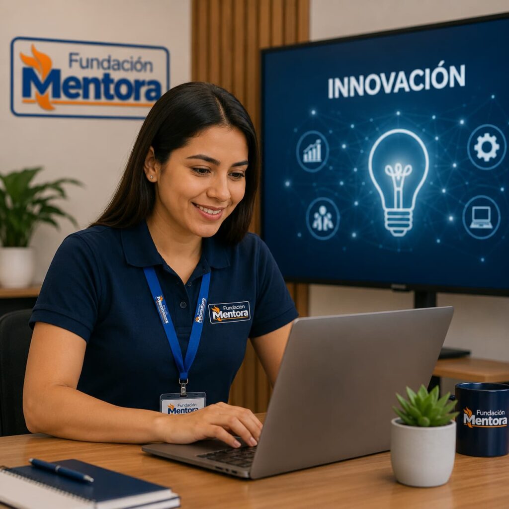 Profesional de Fundación Mentora trabajando en un entorno moderno de innovación educativa, utilizando herramientas tecnológicas y recursos digitales para fortalecer los procesos de capacitación, aprendizaje y transformación institucional.