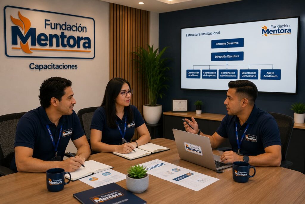 Reunión del consejo directivo de Fundación Mentora enfocada en la planificación estratégica, gobernanza institucional, estructura organizacional y coordinación de programas educativos y sociales.