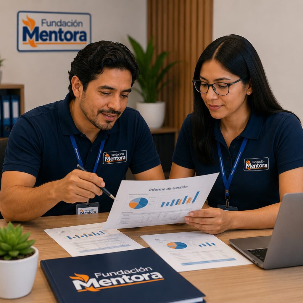 Representantes de Fundación Mentora revisando informes institucionales y documentación de gestión en un entorno profesional, reflejando transparencia, responsabilidad y compromiso con la rendición de cuentas.