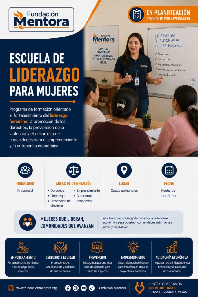 Instructora de Fundación Mentora dirige una capacitación sobre liderazgo femenino en un salón comunal con participantes durante una jornada formativa.