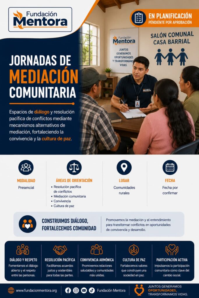 Facilitador de Fundación Mentora desarrolla una jornada de mediación comunitaria con ciudadanos reunidos en un salón comunal.