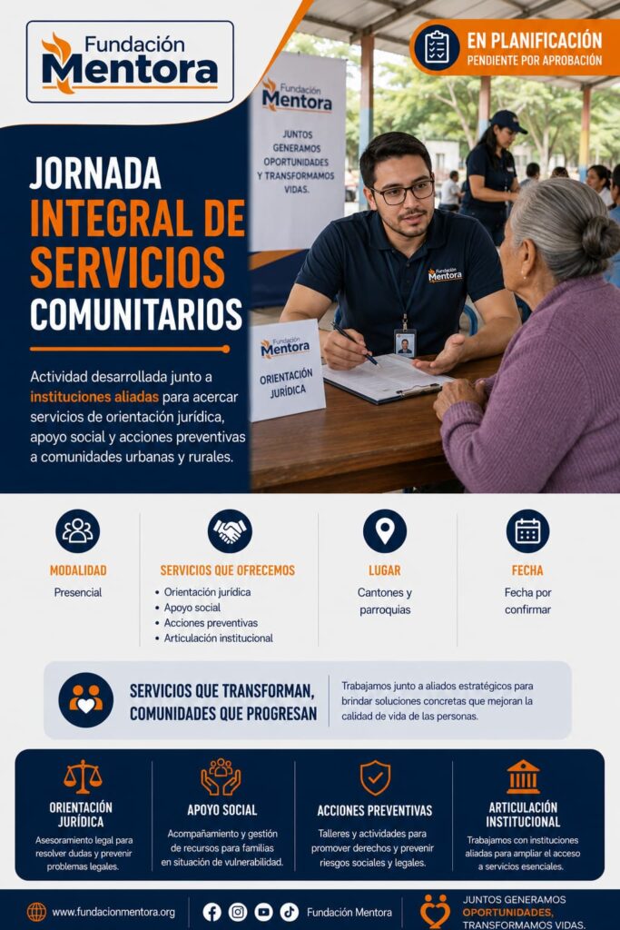 Profesional de Fundación Mentora brinda orientación a miembros de la comunidad durante una jornada integral de servicios comunitarios en un salón comunal.