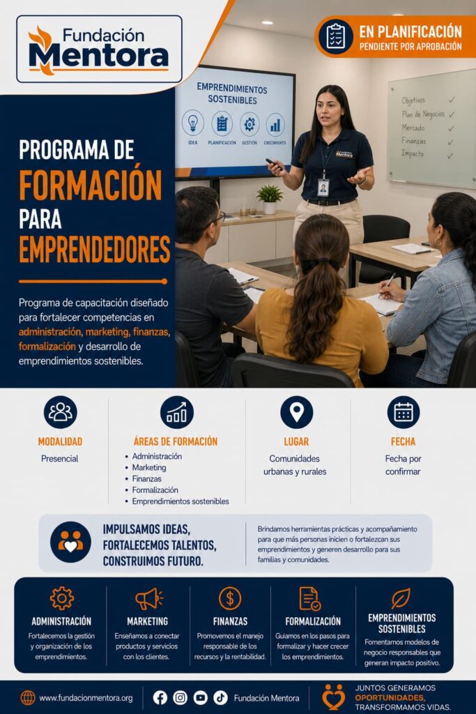 Instructora de Fundación Mentora imparte un programa de formación para emprendedores en un salón de capacitación con participantes de la comunidad.