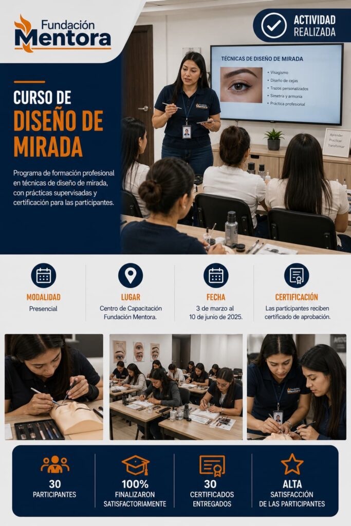 Participantes del Curso de Diseño de Mirada de Fundación Mentora durante una jornada práctica de formación profesional con entrega de certificados.