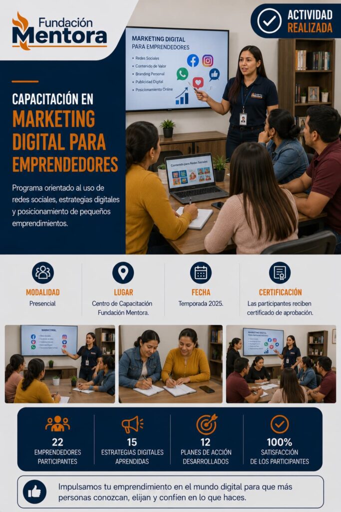 Docente de Fundación Mentora imparte una capacitación sobre marketing digital y redes sociales para emprendedores.