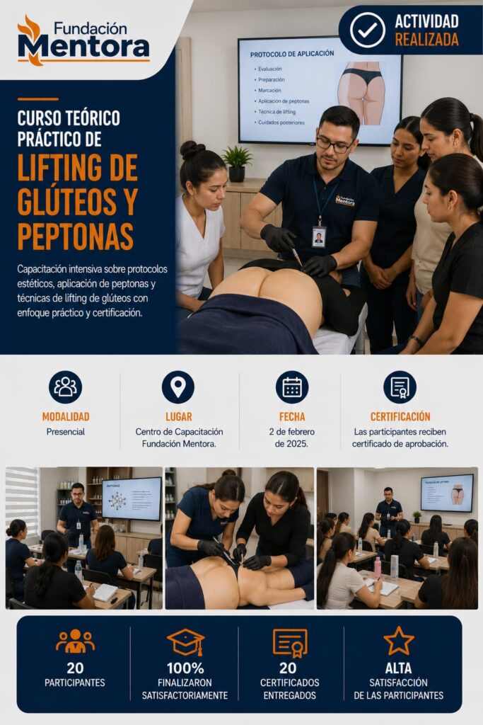 Instructor de Fundación Mentora dirige una capacitación práctica sobre lifting de glúteos y peptonas en un aula de formación profesional.