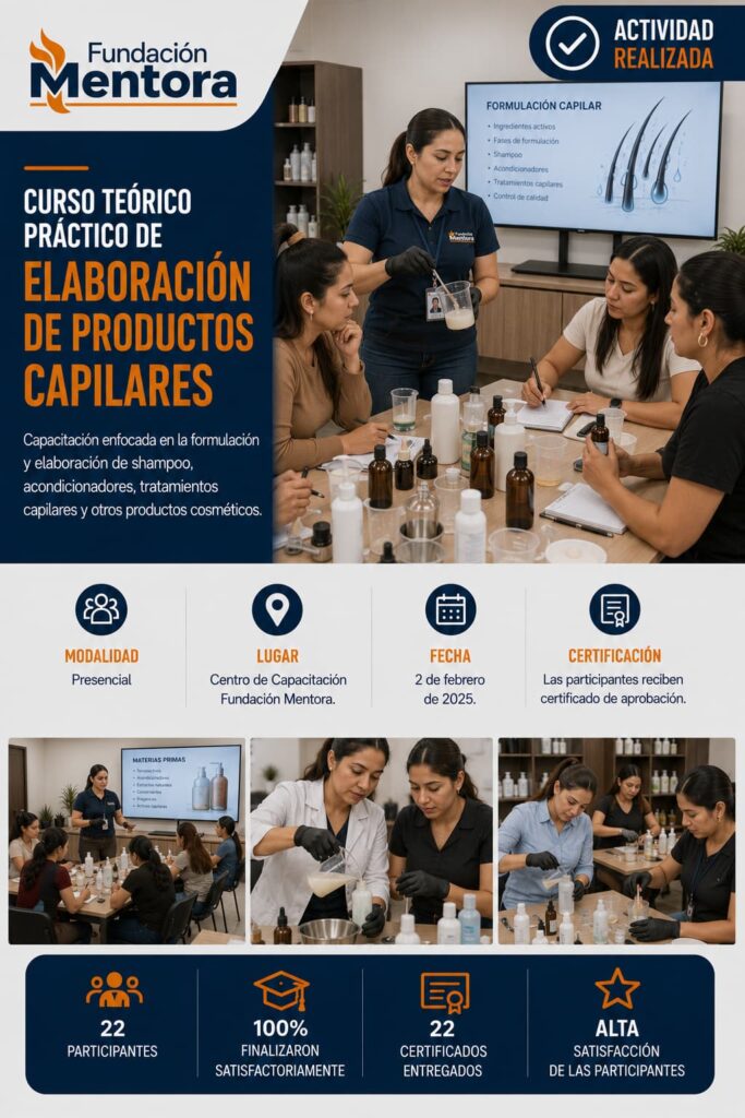 Participantes elaboran shampoo, acondicionadores y tratamientos capilares durante una capacitación de Fundación Mentora.