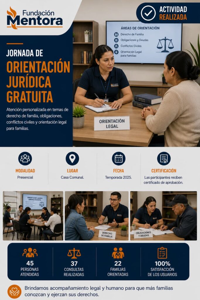 Profesional jurídico de Fundación Mentora brinda orientación legal personalizada a familias durante una jornada comunitaria.