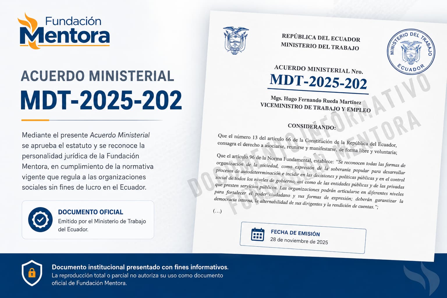 Acuerdo Ministerial MDT-2025-202 Documento institucional de Fundación Mentora presentado con fines informativos como evidencia de constitución, registro y cumplimiento de la normativa vigente en el Ecuador.
