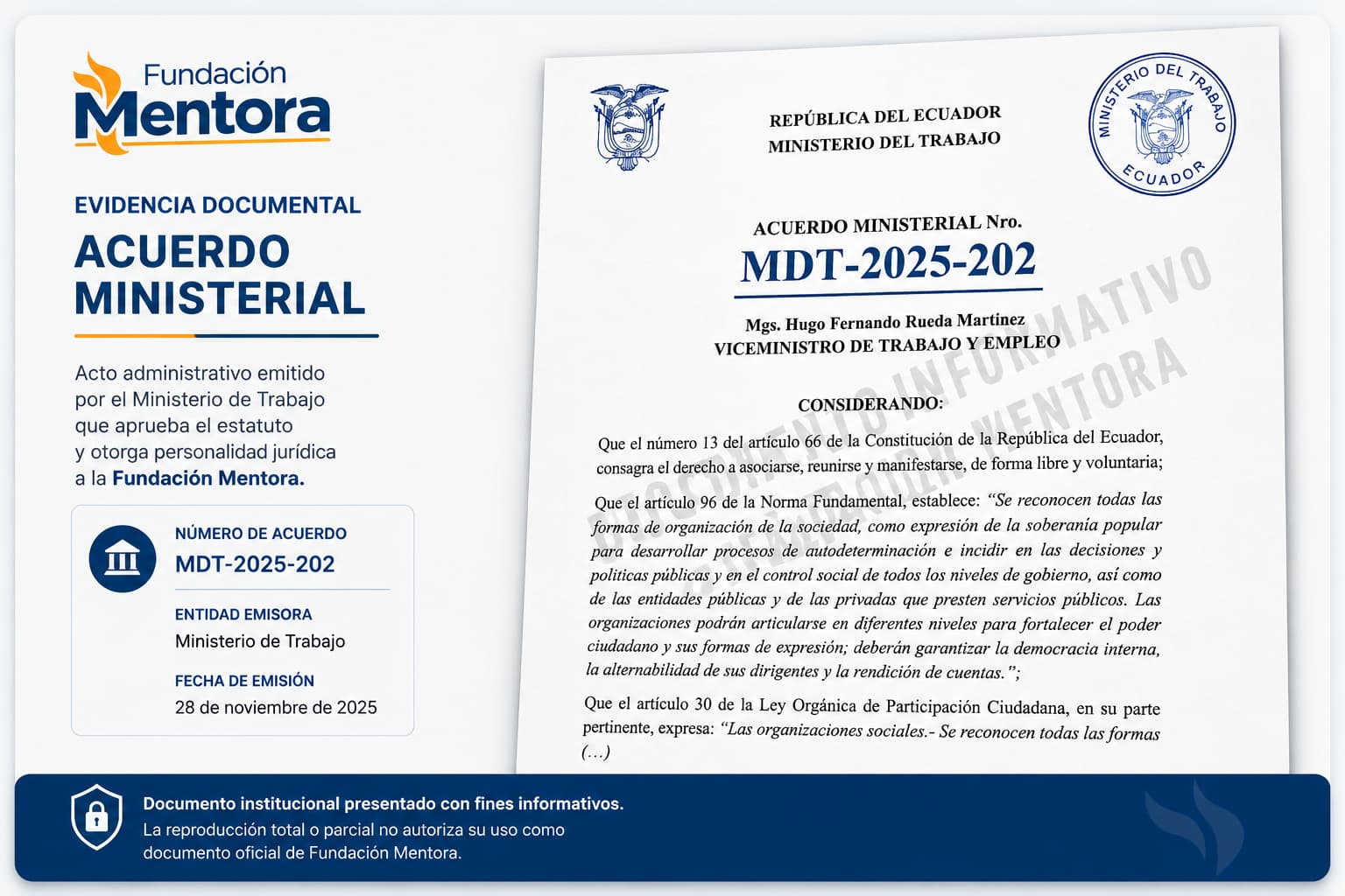 Documento institucional de Fundación Mentora presentado con fines informativos como evidencia de constitución, registro y cumplimiento de la normativa vigente en el Ecuador.