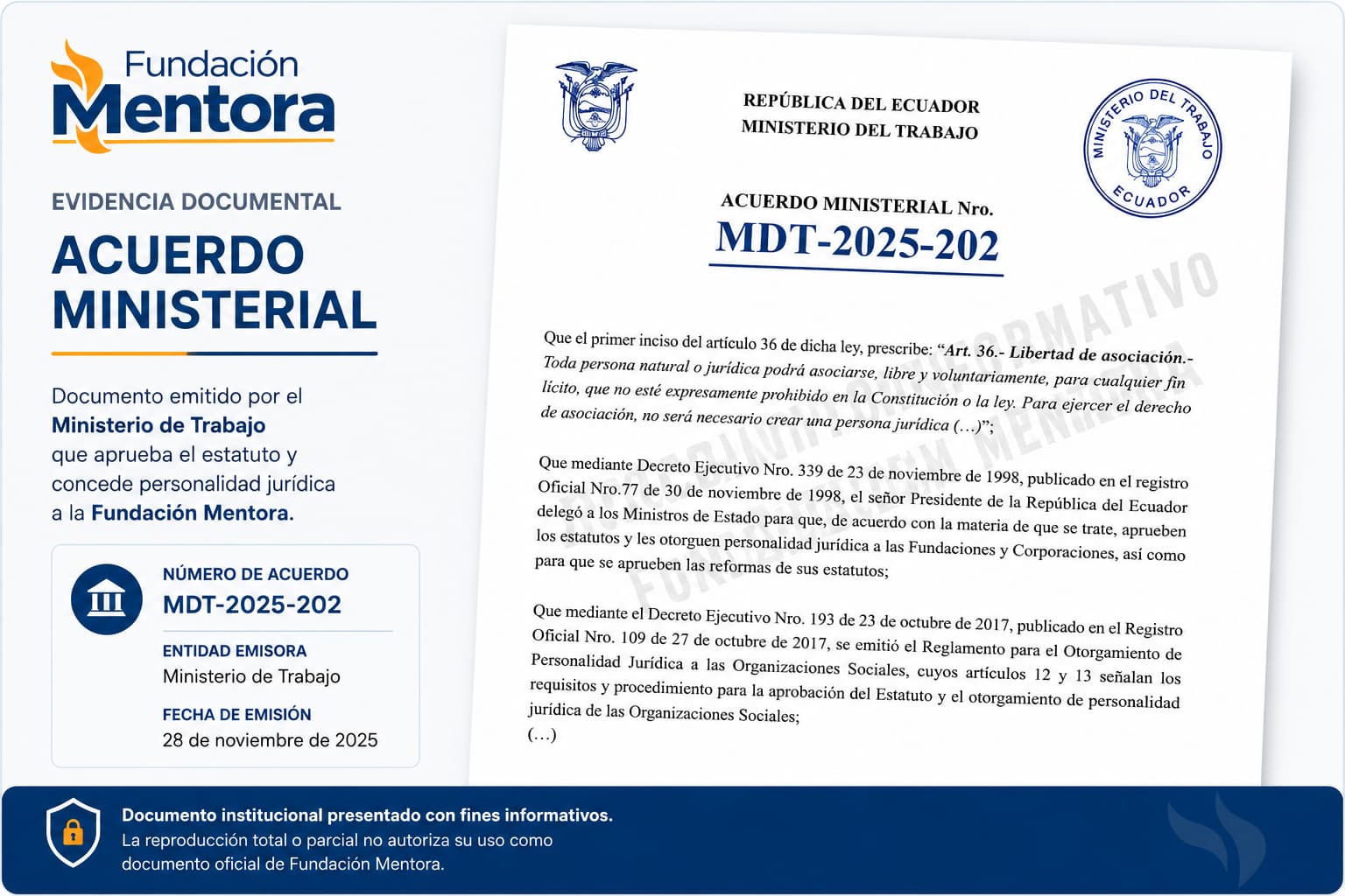 Acuerdo Ministerial MDT-2025-202 Documento institucional de Fundación Mentora presentado con fines informativos como evidencia de constitución, registro y cumplimiento de la normativa vigente en el Ecuador.